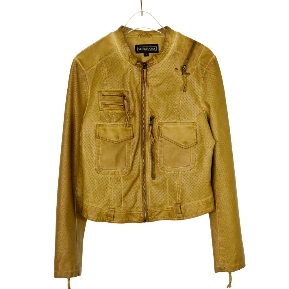 90s Members Only Women's Tan Brown Camel Vintage Motto Biker Jacket Small